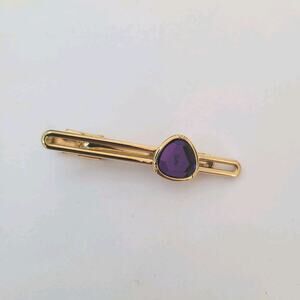 YSL Yves Saint Laurent Tie Bar Clip Clasp Gold Purple Tone 2in Logo Vintage